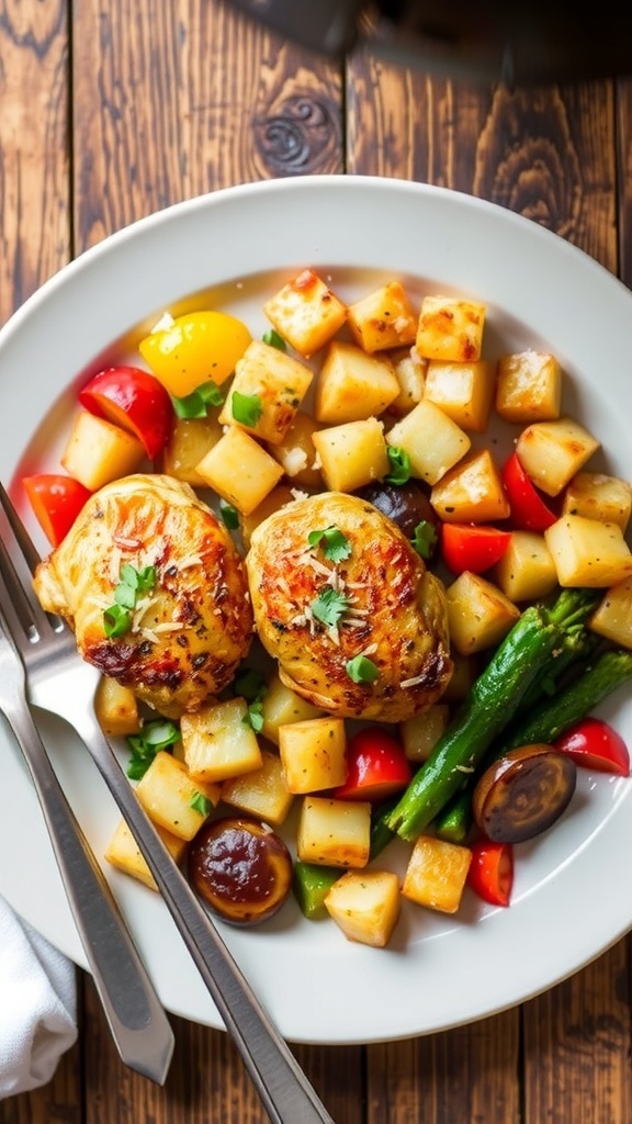 Quick Air Fryer Dinner Recipes for One A single serving of air fryer chicken, potatoes, and vegetables garnished with herbs and cheese.